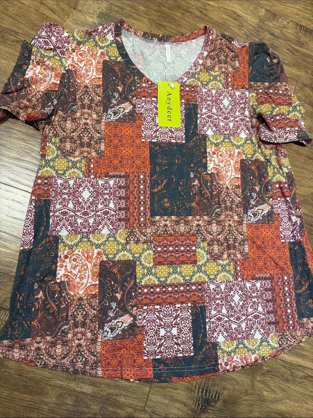 Rust Multi Patchwork V-Neck Short Sleeve Top